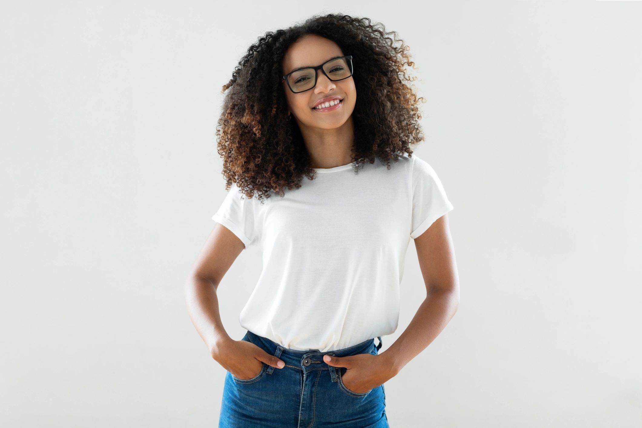 Woman in white t-shirt smiling