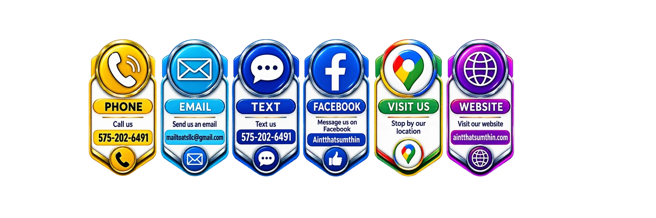 Contact methods: phone, email, text, Facebook, location, website